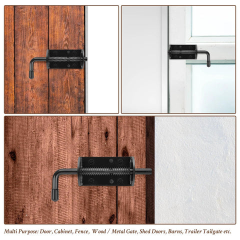 Spring-loaded gate latch bolt, 6in, solid steel, black, 2-pack for wood/metal gates and shed doors.