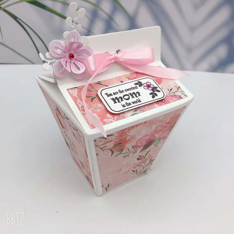 Milk Box Gift Box Die Cut Set for Paper Craft and Scrapbooking, decorated treat box with floral design, pink bow, and mom tag