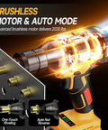 Cordless Rivet Nut Gun with brushless motor, showcasing auto mode and nut insertion features.