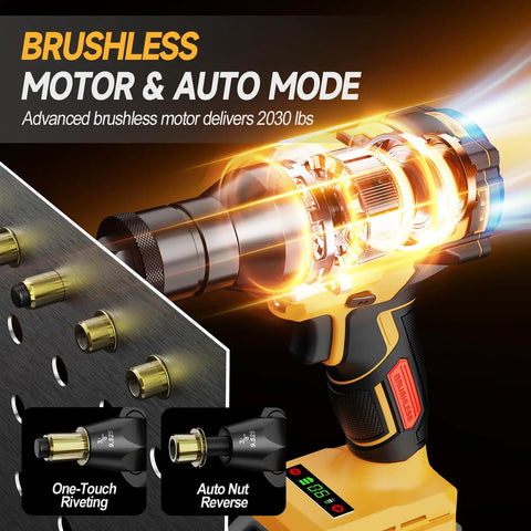 Cordless Rivet Nut Gun with brushless motor, showcasing auto mode and nut insertion features.