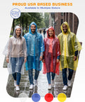 Group wearing Disposable Rain Ponchos For Adults 5 Pack Hooded Full-Size 48 X 40 Inches, multiple colors, walking outdoors