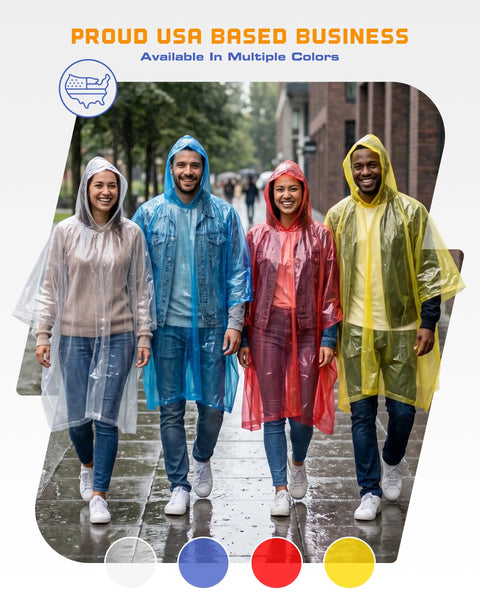 Group wearing Disposable Rain Ponchos For Adults 5 Pack Hooded Full-Size 48 X 40 Inches, multiple colors, walking outdoors