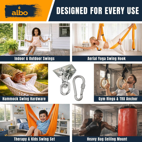 Heavy Duty Ceiling Mount Bracket With 360 Degree Swivel And Locking Carabiner, 2650 Lbs Capacity, For Hammock Chair, Porch Swing, Yoga Swing, Punching Bag, Wood Beam And Concrete Installation