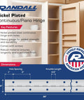 Dead Serious Three Foot Nickel Piano Hinge One Inch Wide Sixteenth Thick Heavy Gauge Continuous Joint Pre Drilled With All The Tight Screws EZ Install Built Stateside dimensions and features illustration.