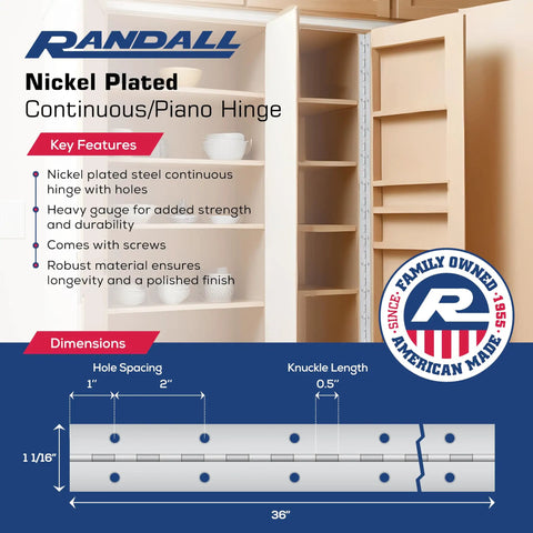 Dead Serious Three Foot Nickel Piano Hinge One Inch Wide Sixteenth Thick Heavy Gauge Continuous Joint Pre Drilled With All The Tight Screws EZ Install Built Stateside dimensions and features illustration.