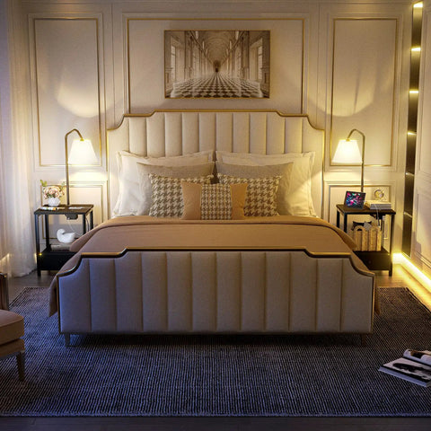 Elegant bedroom with floor lamp with built in table and USB outlet nightstand drawer attached reading light end table, black finish.