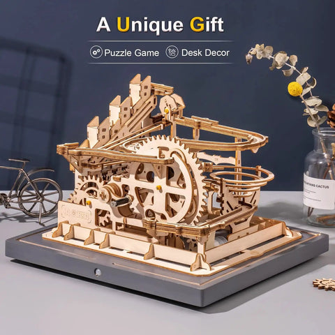 Totally 3D Wooden Marble Run Puzzle Kit With Gear Powered Roller Coaster Track For Adults No Glue Needed Hands On DIY Mechanical Model Gift Idea With Waterwheel Lifter And Multi Level Tracks, wooden tabletop puzzle