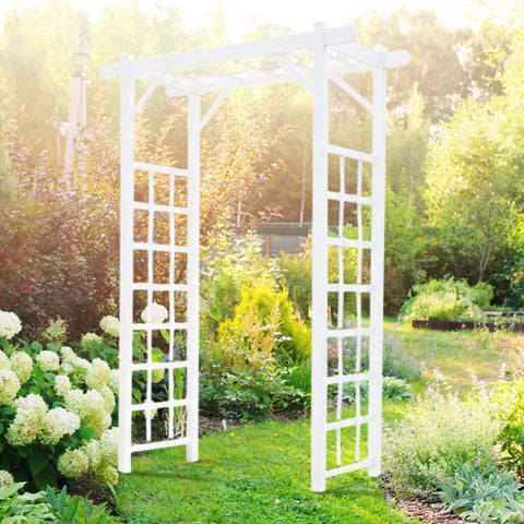 Vinyl Garden Arbor Archway For Outdoors, White 57 By 85 Inches With Trellis Sides For Climbing Plants, Easy Setup, in garden