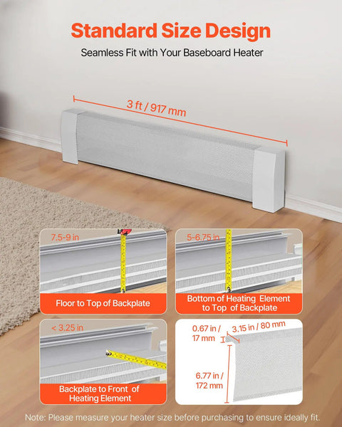 Beefy Heavy Duty 3 Ft Baseboard Heater Cover For Easy Install In Any Bedroom White Steel Front Panel size chart and dimensions