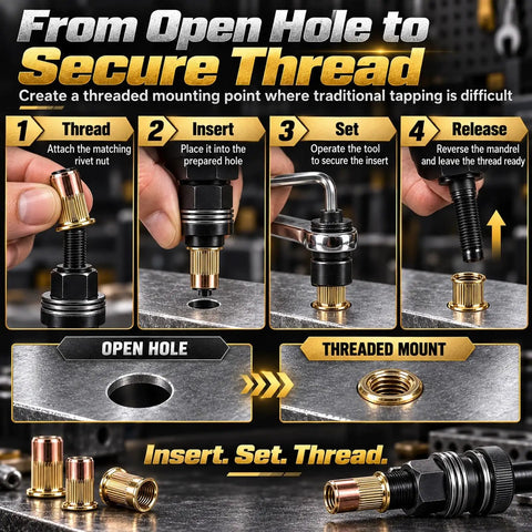 Step-by-step guide showing Top Shelf Gcr15 Carbon Steel Rivet Nut Tool Kit with M3 to M12 inserts for secure threading.