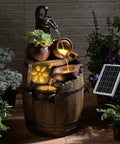 Solar Powered Rustic Barrel Water Fountain With LED Lights, 29 Inch Tall 4 Tier Cascading Outdoor Waterfall with solar panel and plants