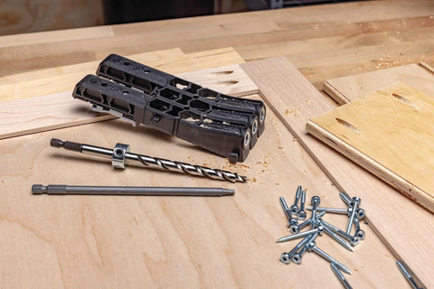 Pocket Hole Jig Micro For Thin Stock And Cabinets For Thirty Three Percent Smaller Micro Pocket Holes shown with drill bit and screws