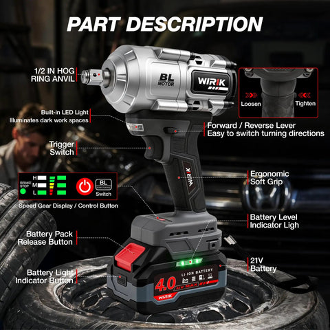 Badass 21V Cordless Impact Wrench With Brushless Motor displays controls, LED light, and ergonomic grip for auto work.