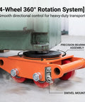 Eight Ton Heavy Duty Machinery Skate Dollies 4 Pack With Smooth 360 Degree Rotation Low Profile Carbon Steel Wheels showcased with precision bearing assembly.