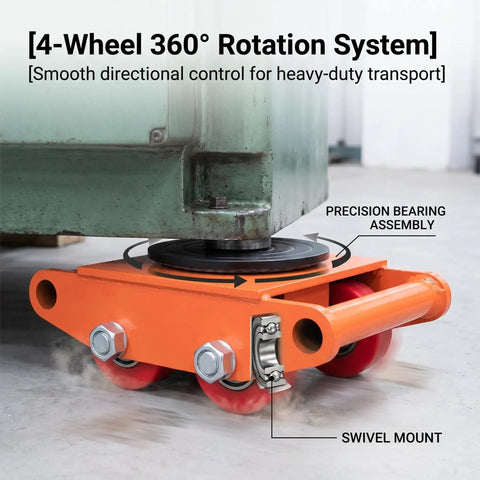 Eight Ton Heavy Duty Machinery Skate Dollies 4 Pack With Smooth 360 Degree Rotation Low Profile Carbon Steel Wheels showcased with precision bearing assembly.