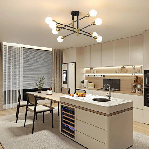 Starburst Inspired Eight Light Pendant Chandelier In Black Finish Mid Century Modern Ceiling Light in modern kitchen