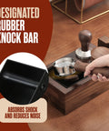 Home Barista Espresso Accessories Set with Knock Box and Tamping Station in brown finish on wooden surface