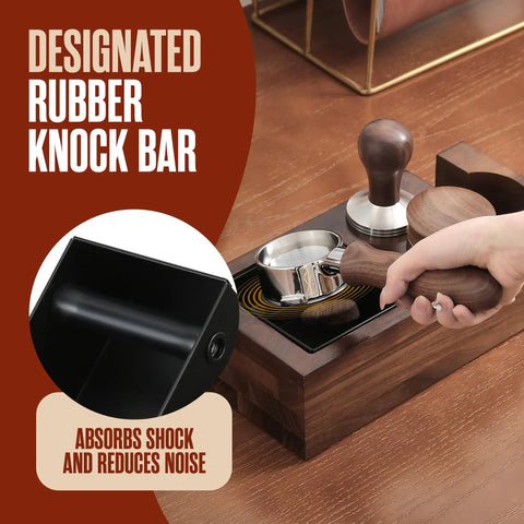 Home Barista Espresso Accessories Set with Knock Box and Tamping Station in brown finish on wooden surface