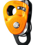 Orange Jag Traxion Prg Capture Pulley with sealed ball bearings for four to one haul system, rugged climbing gear for rescue