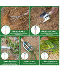 9-Piece Premium Gardening Tool Set For Women with hand rake, trowel, weeder, fork, and crack weeder in use outdoors