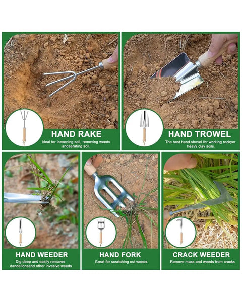 9-Piece Premium Gardening Tool Set For Women with hand rake, trowel, weeder, fork, and crack weeder in use outdoors