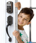 Keyless Door Lock With Handle In Oil Rubbed Bronze 6 Codes For Quick Access fitted on door beside smiling child