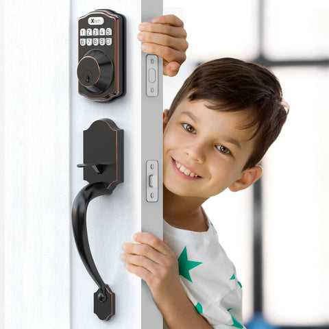 Keyless Door Lock With Handle In Oil Rubbed Bronze 6 Codes For Quick Access fitted on door beside smiling child
