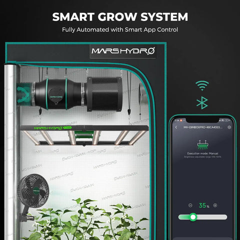 4x4 Grow Tent Kit With Smart LED Light And App WiFi Control, 480W FC-E4800, smartphone app interface, mylar interior.