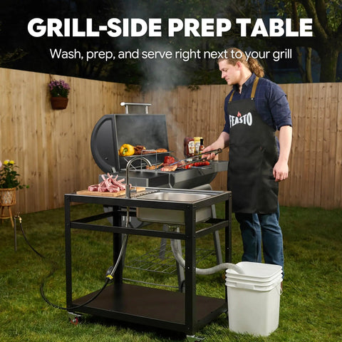 35-Inch Outdoor Grill Cart With Stainless Steel Sink, Rolling BBQ Prep Table With Faucet, Ample Prep Space, Storage Shelves And Lockable Wheels For Patio, Backyard And Outdoor Cooking, Silver And Black next to a man grilling
