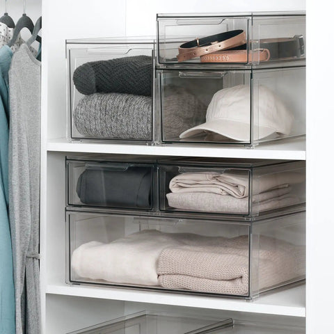Clear Stackable Closet Organizer Bin With Pull Out Drawer For Shoes Clothes Bags And Small Linens Space Saving See Through Storage
