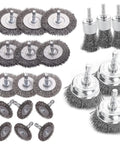 Budget Friendly 21 Piece Wire Brush Drill Set with abrasive wheels, cups, end brushes for 1/4 inch hex shank viewed from top