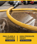 Oil Resistant Rubber Air Hose 3/8in x 50ft with 3/8in to 1/4in reducer, 300 PSI max, yellow, in a workshop setting.