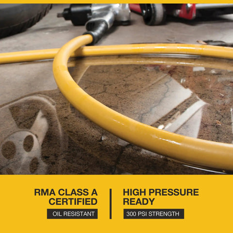 Oil Resistant Rubber Air Hose 3/8in x 50ft with 3/8in to 1/4in reducer, 300 PSI max, yellow, in a workshop setting.
