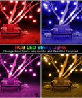 48 Ft Outdoor Patio Lights With Remote Dimmable RGB LED String Lights 8 Colors Including Red Green Blue Warm White And Cyan One Color At A Time 15 Shatterproof Bulbs Waterproof Cafe Bistro Party Mood Lighting illuminating a tree and bench at night