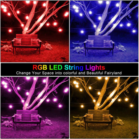 48 Ft Outdoor Patio Lights With Remote Dimmable RGB LED String Lights 8 Colors Including Red Green Blue Warm White And Cyan One Color At A Time 15 Shatterproof Bulbs Waterproof Cafe Bistro Party Mood Lighting illuminating a tree and bench at night