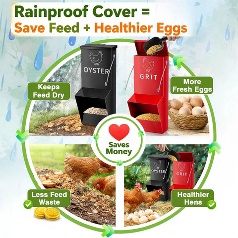 Heavy Duty Metal Chicken Feeder 2 Pack With Tight Lid Automatic Gravity Trough, rainproof oyster and grit dispensers.