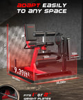 Red Go-To 3-In-1 Leg Extension Curl Machine For Home Gym with measurements and adjustability features shown in a compact setup.