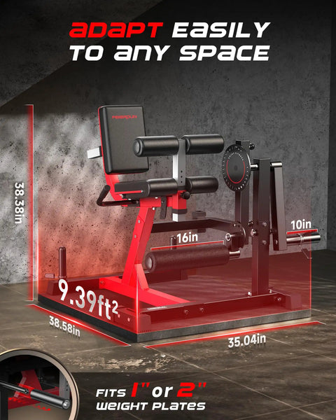 Red Go-To 3-In-1 Leg Extension Curl Machine For Home Gym with measurements and adjustability features shown in a compact setup.