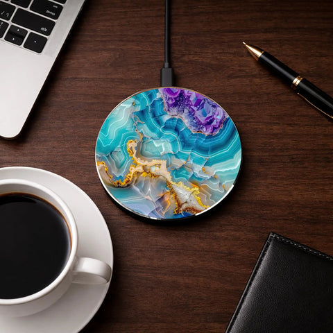 Blue Agate Marble Wireless Charger 15W Fast Wireless Charging For iPhone And Android Premium Office Desk Accessory on wooden desk