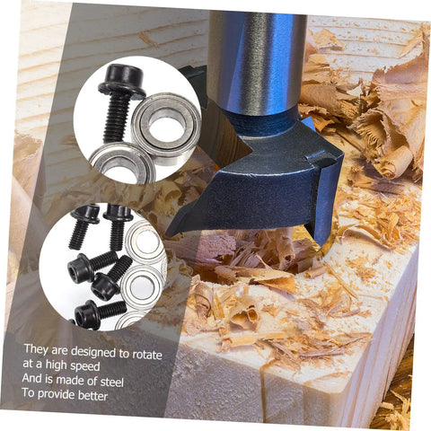 12 Piece Router Bit Bearing Accessory Kit With Top Mounted Ball Bearings, Screws And Wrench For Woodworking on wood shavings