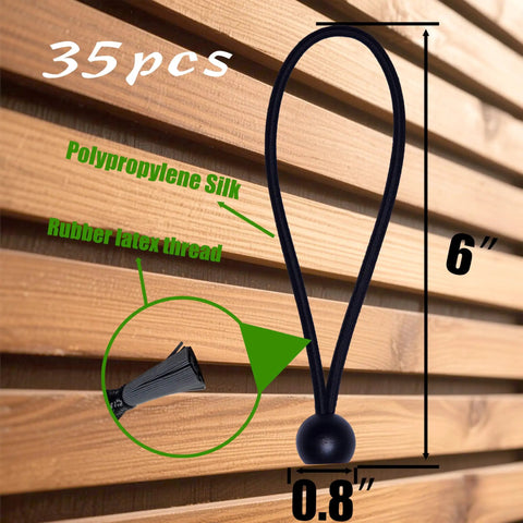 Heavy Duty Ball Bungee Cords 6 Inch 35 Pack for Canopy Tarp Tent Outdoor Use showing elastic loop and materials.