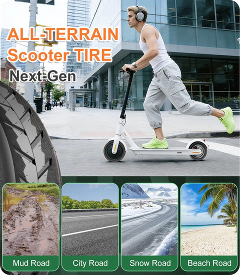 Person riding electric scooter with urban backdrop and tire detail, showcasing versatility on various terrains.