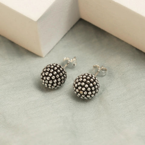 10mm Caviar Beaded Stud Earrings In 925 Sterling Silver, Oxidized Antique Ball Post For Women And Teens, Subtle Shine