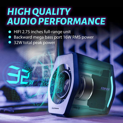 32W PC Gaming Speakers With RGB Lights For Laptop Mac Or Desktop, Bluetooth USB 3.5mm AUX Input, highlighted audio performance