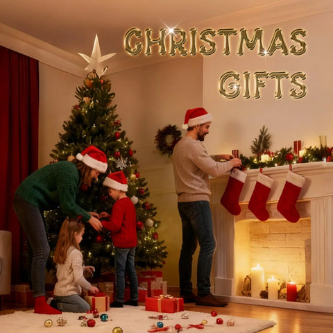 Family decorating Christmas tree and setting stockings by the fireplace with gifts under tree, Christmas gifts sign above.