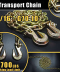 Close-up of 5/16 inch G70 transport chains with grappling hooks, part of Two Pack 5/16 To 3/8 Inch Ratchet Load Binders Set, 4,700 lbs limit.