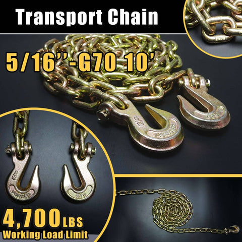 Close-up of 5/16 inch G70 transport chains with grappling hooks, part of Two Pack 5/16 To 3/8 Inch Ratchet Load Binders Set, 4,700 lbs limit.