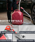 Heavy Duty Battery Powered Fuel Transfer Pump Pulling 3.8 Gallons Per Minute with red gasoline can and flexible hose.