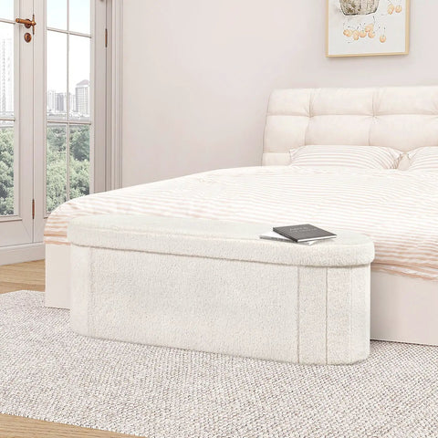 Go To Storage Ottoman With Cozy Sherpa Lining For Living Room Foldable Foot Rest Bench 43.3 Inch in bedroom setting