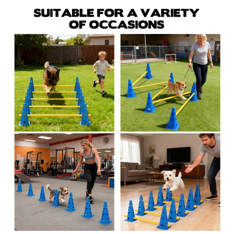 Dog Agility Hurdle Cone Set With Ten Twelve Point Five Inch Cones And Five Thirty One Point Five Inch Rods Height Adjustable Crossbar